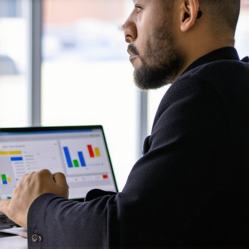 Analyzing GMB Data for Local SEO Success Business owner reviewing GMB analytics and tools in a modern office environment.