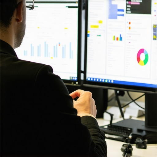 Consultant analyzing GMB insights and community engagement metrics on multiple screens