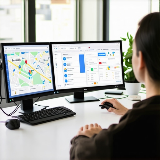 Advanced Maps Optimization Workspace SEO expert analyzing local maps data with digital tools in a modern workspace