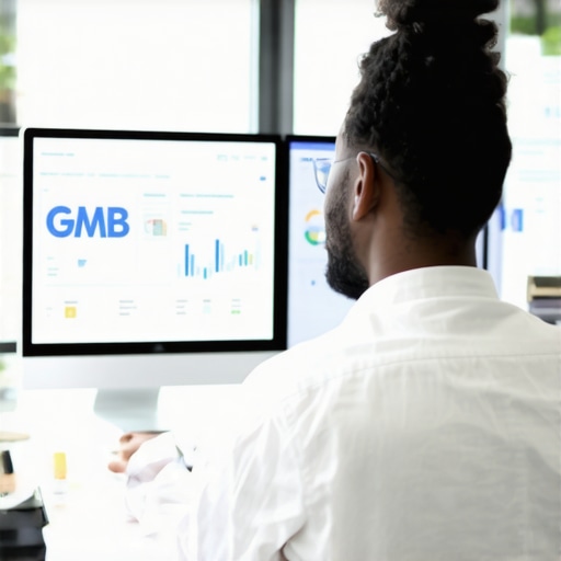 Digital marketer reviewing Google My Business analytics on a computer screen.