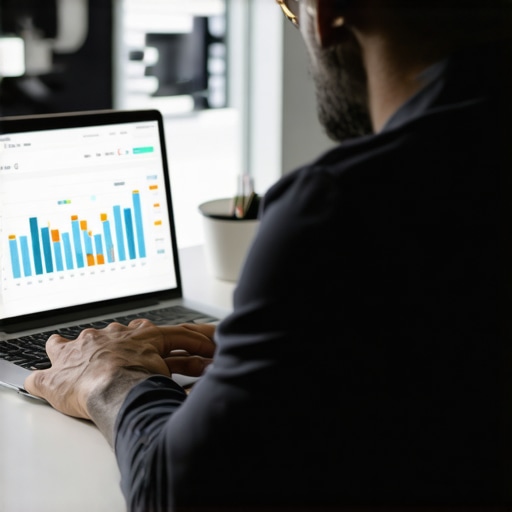 Digital marketing professional reviewing GMB insights on a laptop in an office.