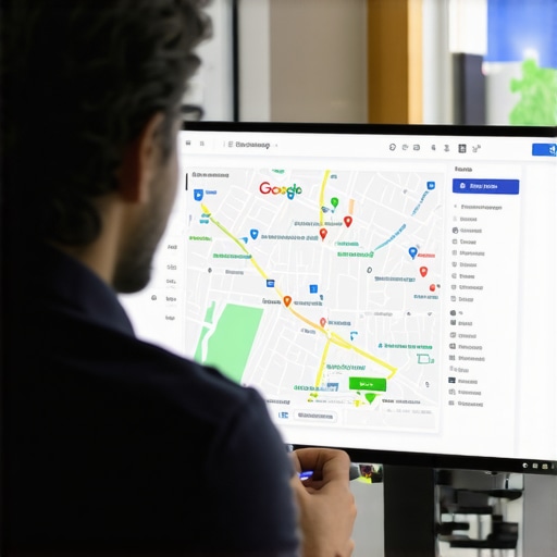 Business owner analyzing local SEO data on a computer with community background