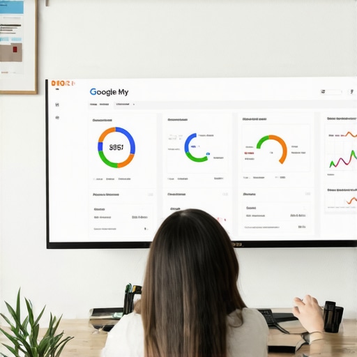 Person analyzing GMB dashboard with charts and insights on screen.