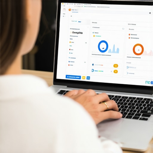 Person optimizing Google My Business profile using analytics dashboard on a laptop