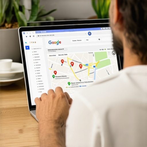 Business owner working on Google My Business profile on laptop, SEO tools visible.