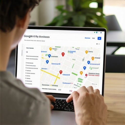 Person updating Google My Business profile using SEO tools on a laptop.