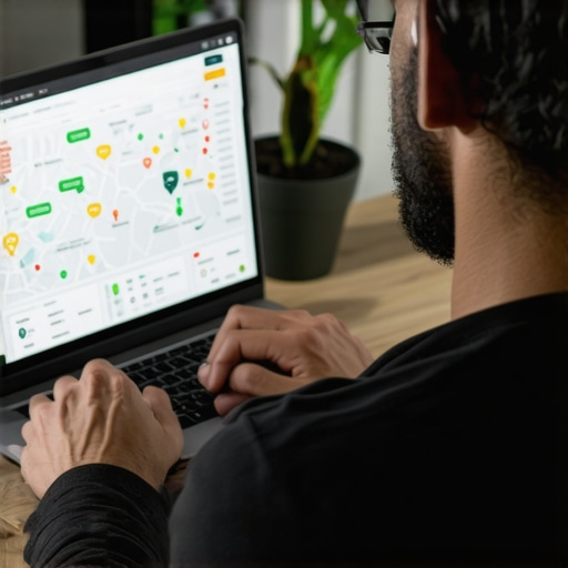 Business owner examining Google Maps analytics on laptop