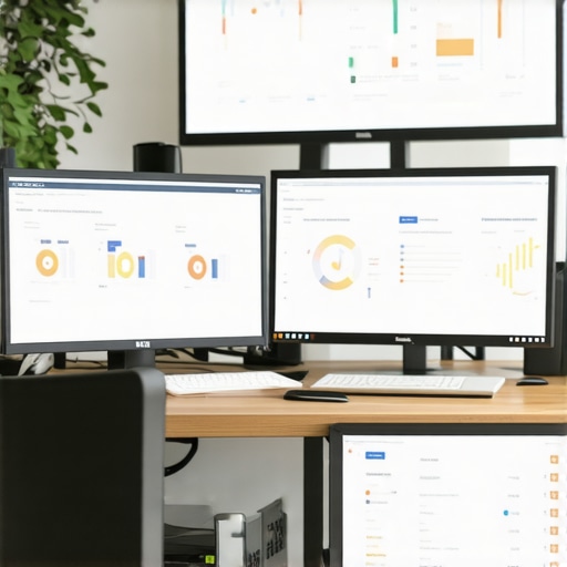 Digital Workspace for Local SEO Maintenance A person managing Google My Business profiles and local SEO analytics on multiple computer screens.