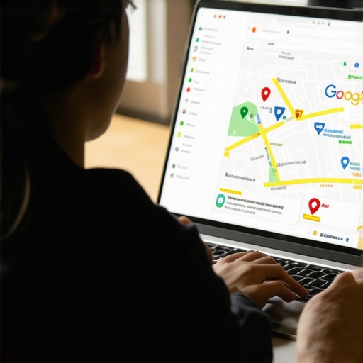 Person editing Google My Business profile on laptop with maps displayed on screen