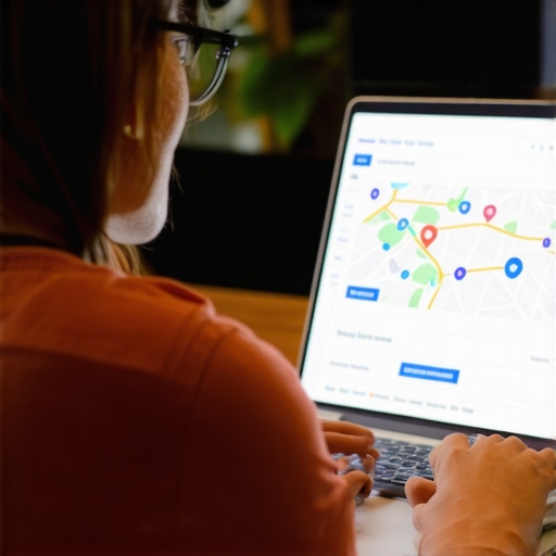 Business owner updating Google My Business profile on laptop with maps and analytics