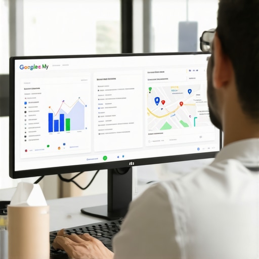 Optimizing GMB Profile Person working on Google My Business profile with analytics and SEO tools on screens.