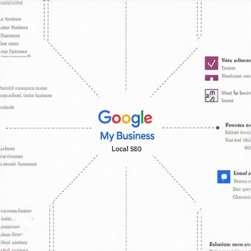 Diagram illustrating steps for improving Google My Business visibility, including tools, reviews, content, and analytics
