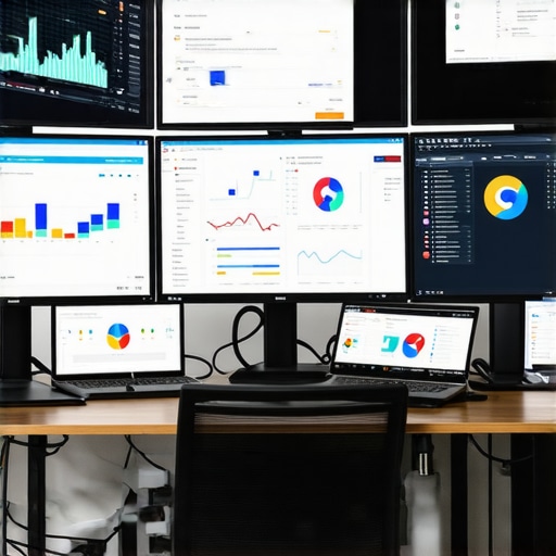 Person managing Google My Business analytics and reviews on multiple monitors.