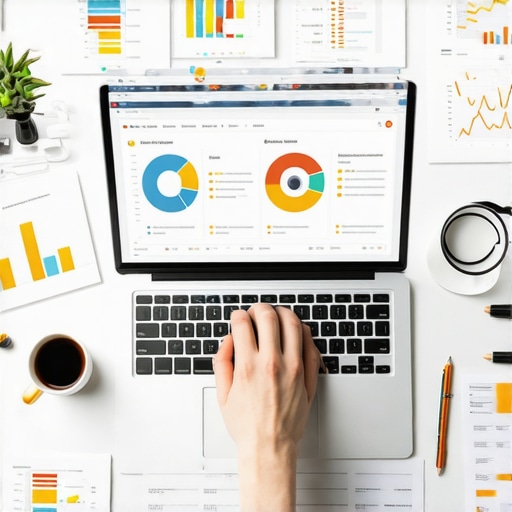 Person analyzing local SEO dashboard on laptop with analytics charts and marketing tools