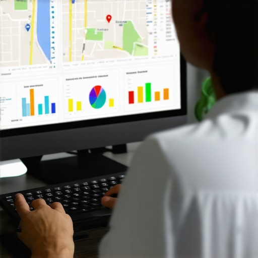 Effective Map Visibility Tools in Action Person analyzing local SEO metrics on a computer with maps and charts