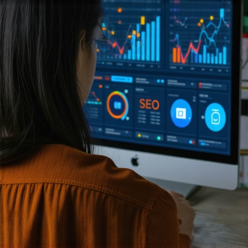 Digital Tools for Local SEO Maintenance Person analyzing local SEO data on a computer screen with graphs and icons