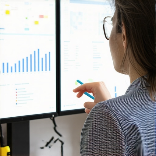 A professional analyzing Google My Business data on a computer screen with graphs and SEO tools