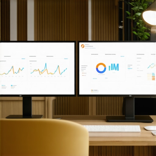 A setup showing monitors with maps and SEO analytics, emphasizing GMB profile management