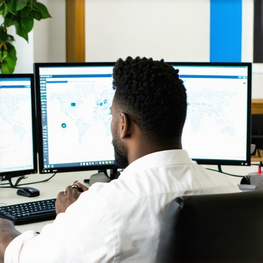 A marketer reviewing maps and SEO dashboards on a monitor.