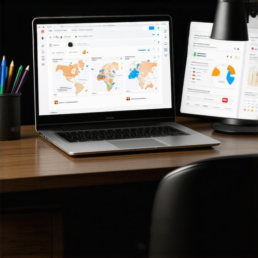 Desk setup with SEO software and maps analytics tools.