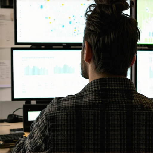 SEO Specialist Using Tools for Maps Visibility A person working on multiple screens displaying local SEO data and maps